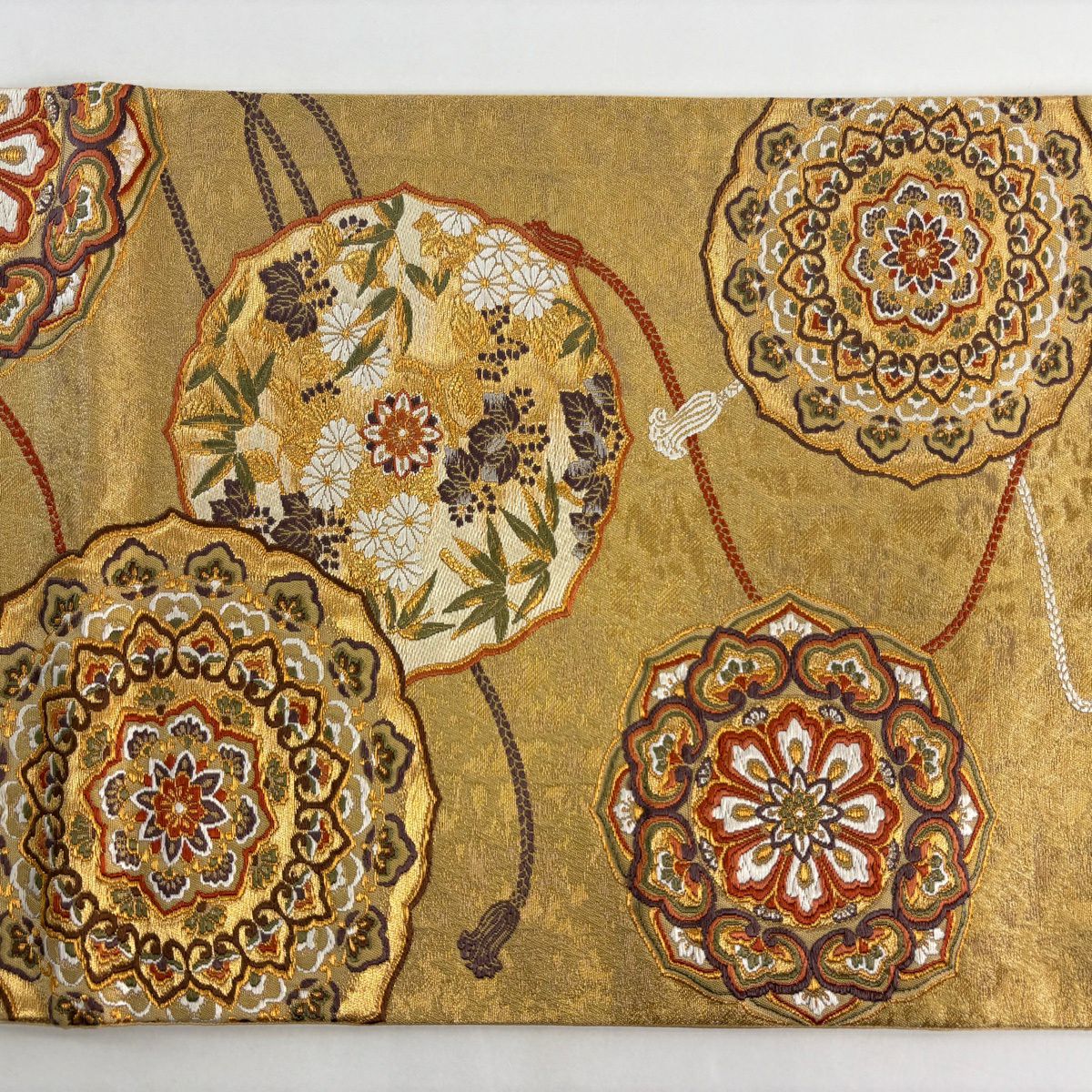 【美品】 袋帶 名品級 加納幸 落款 鏡裏文 金絲 金金箔 金色 大鼓圖案 純蠶絲