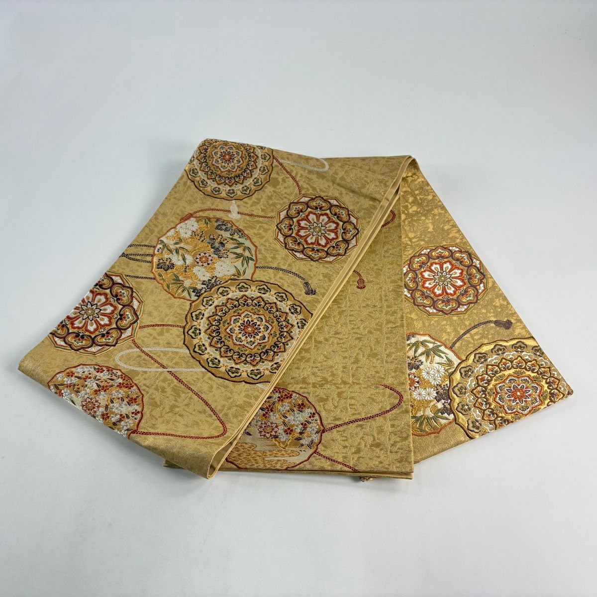 【美品】 袋帶 名品級 加納幸 落款 鏡裏文 金絲 金金箔 金色 大鼓圖案 純蠶絲