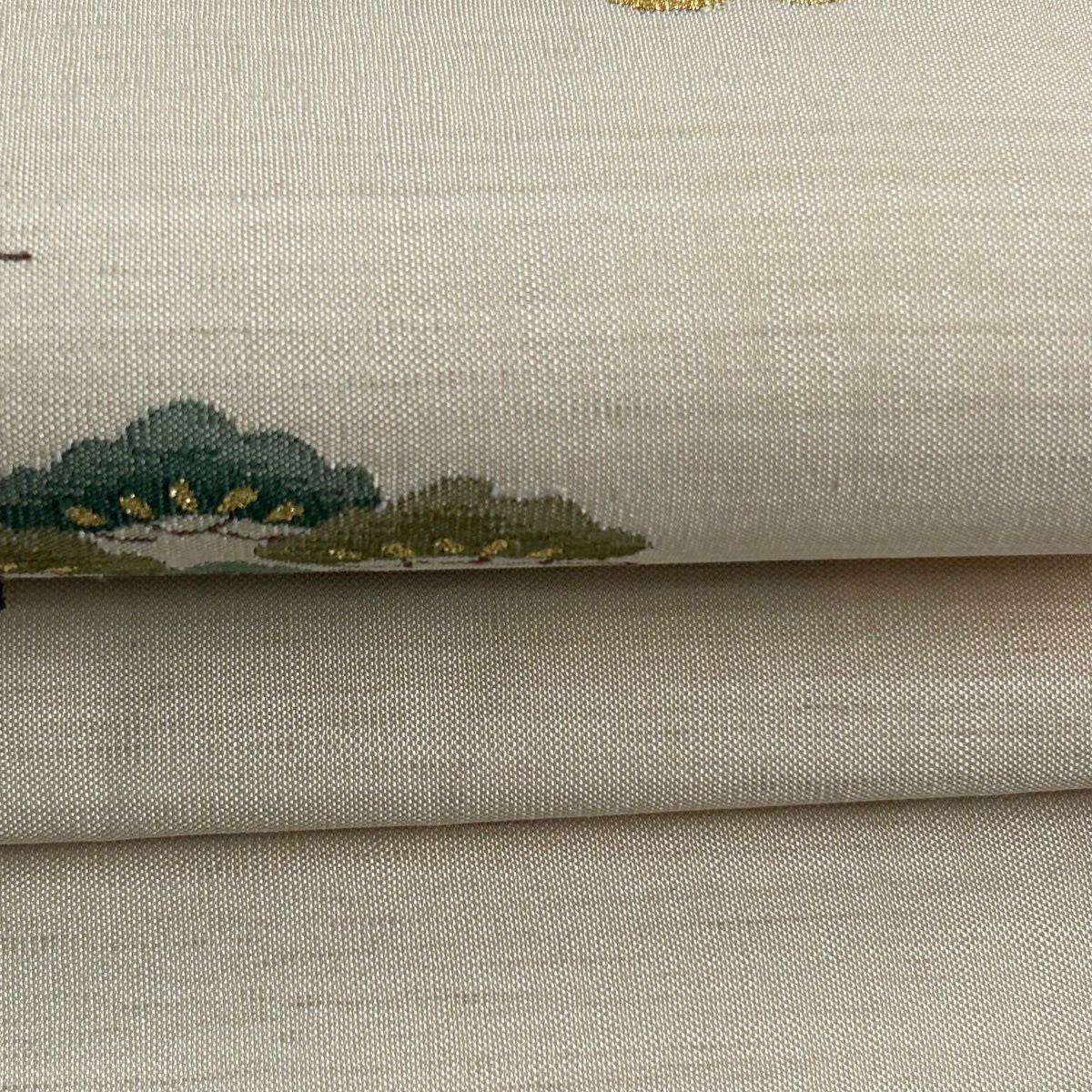 【美品】 袋帶 名品級 花車 滝 金銀彩 米色 お太鼓圖案 純蠶絲