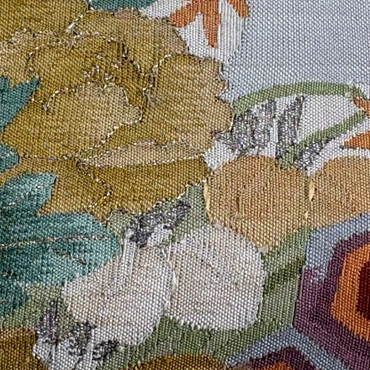 袋帶 名品級 草花紋紋 鼓 金銀彩 青灰 純蠶絲