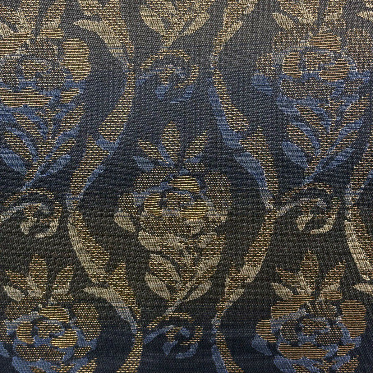 【美品】 袋帶 名品級 草花紋紋 立涌 金絲 深藍 六通 純蠶絲