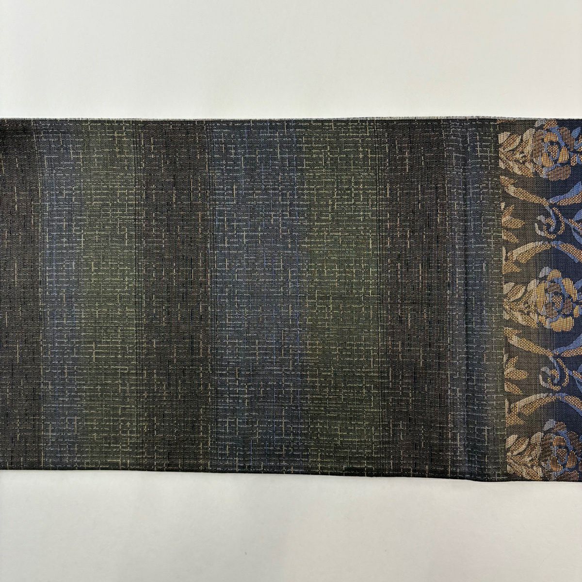 【美品】 袋帶 名品級 草花紋紋 立涌 金絲 深藍 六通 純蠶絲