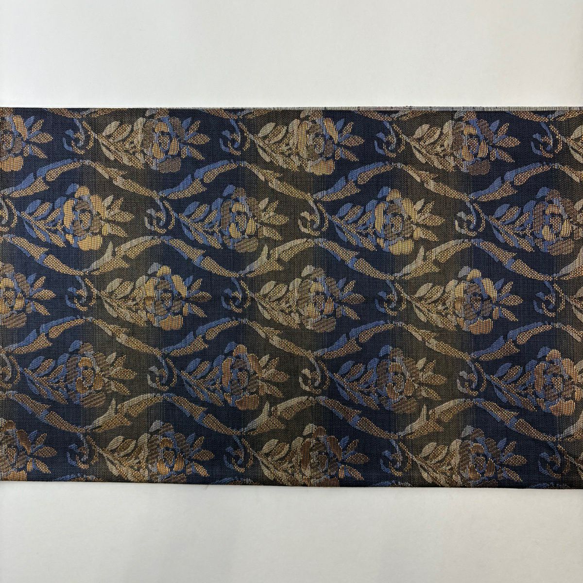 【美品】 袋帶 名品級 草花紋紋 立涌 金絲 深藍 六通 純蠶絲