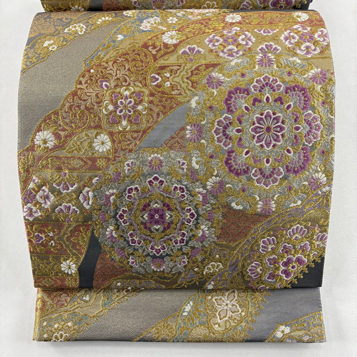 【美品】 袋帶 逸品級 落款 古代帝王紫 華紋 花唐草紋 金銀彩 金色 六通 純蠶絲