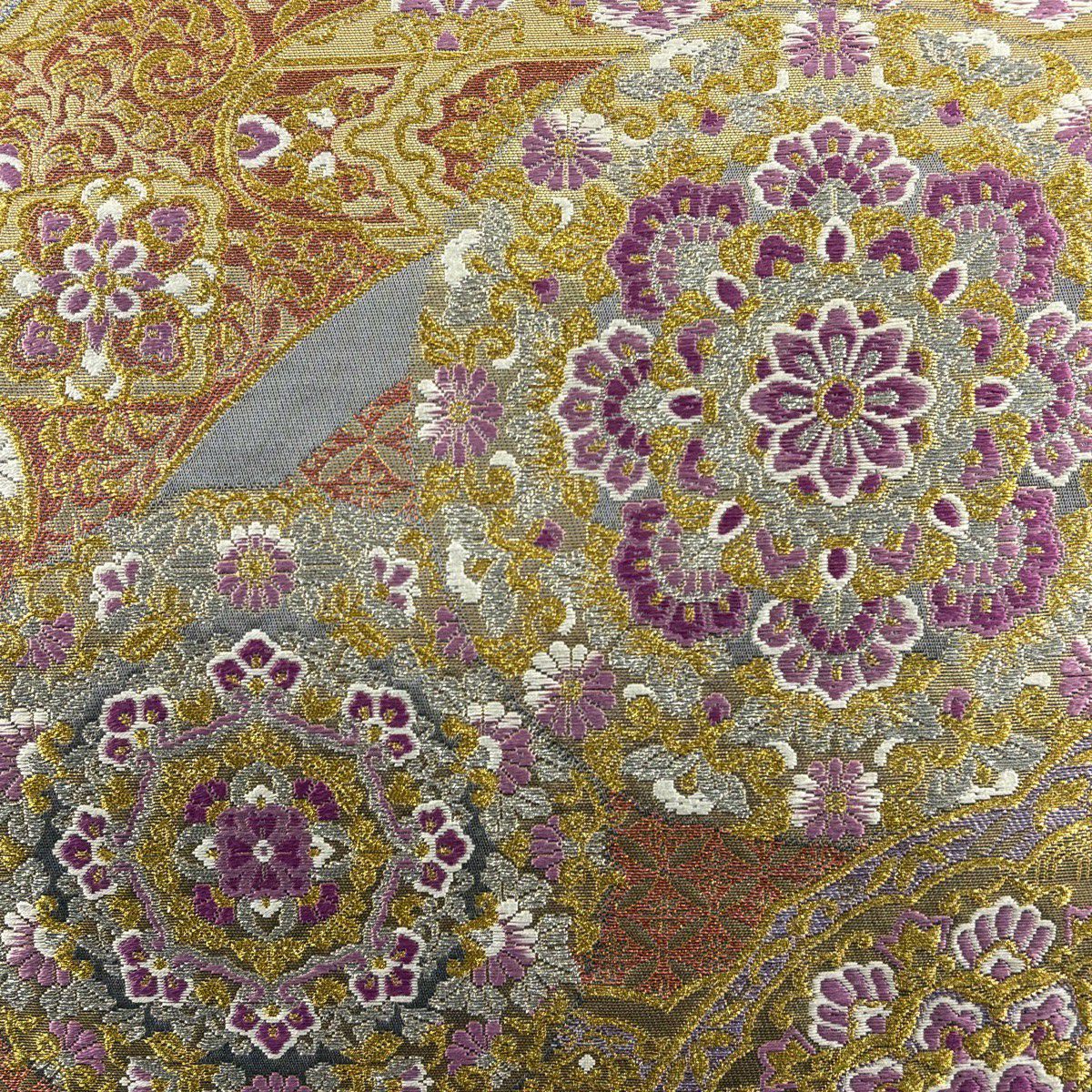 【美品】 袋帶 逸品級 落款 古代帝王紫 華紋 花唐草紋 金銀彩 金色 六通 純蠶絲