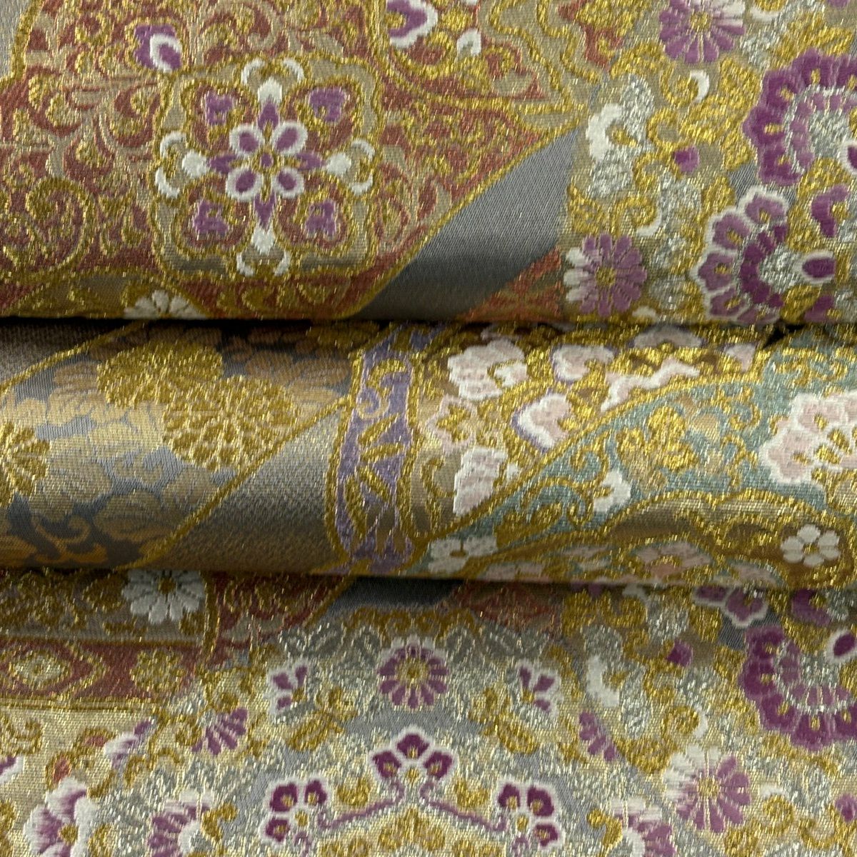 【美品】 袋帶 逸品級 落款 古代帝王紫 華紋 花唐草紋 金銀彩 金色 六通 純蠶絲