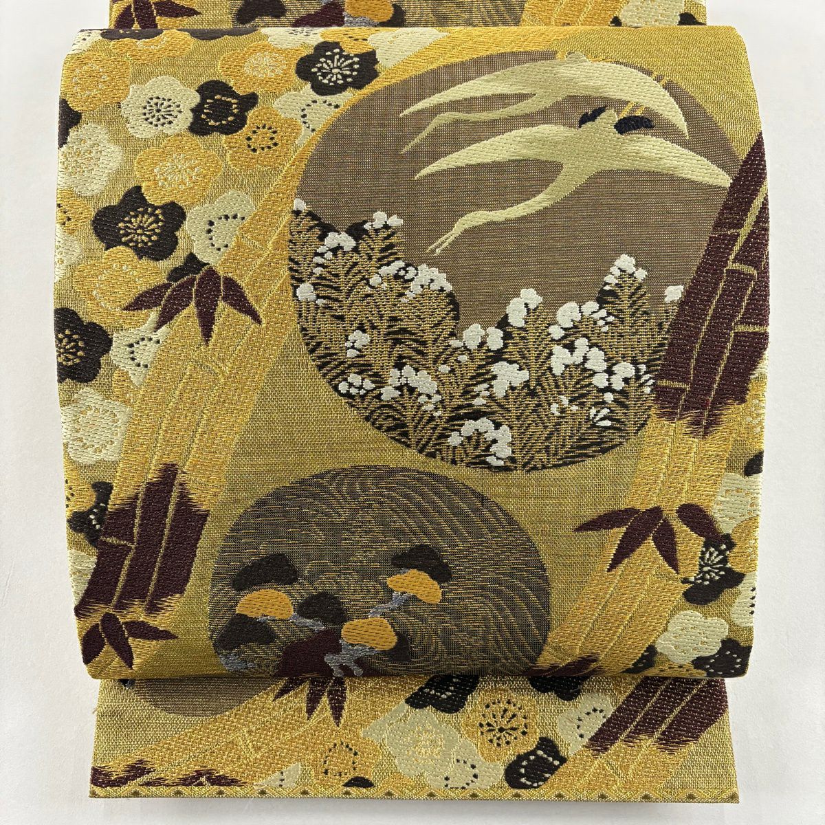 袋帶 逸品級 仙鶴 松樹竹子梅花 金絲 金金箔 金色 六通 純蠶絲