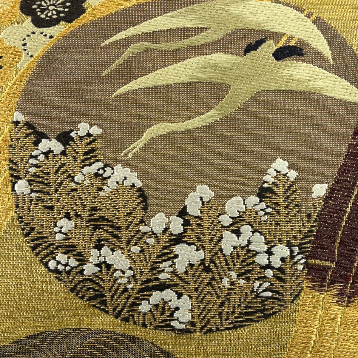 袋帶 逸品級 仙鶴 松樹竹子梅花 金絲 金金箔 金色 六通 純蠶絲