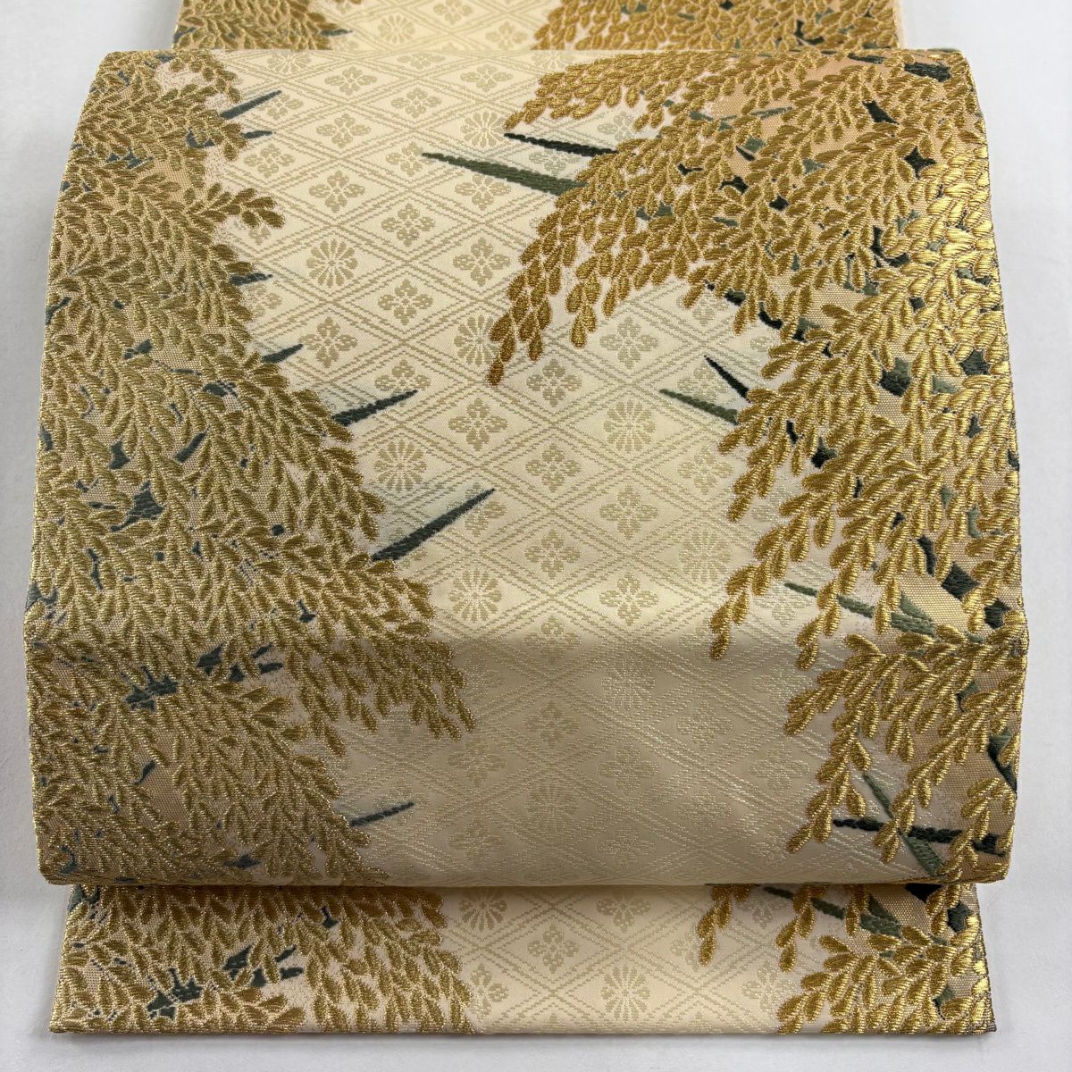 袋帶 逸品級 山口美術織物 有落款 菱地豐饒紋 稻穗 金絲 米色 六通 純蠶絲