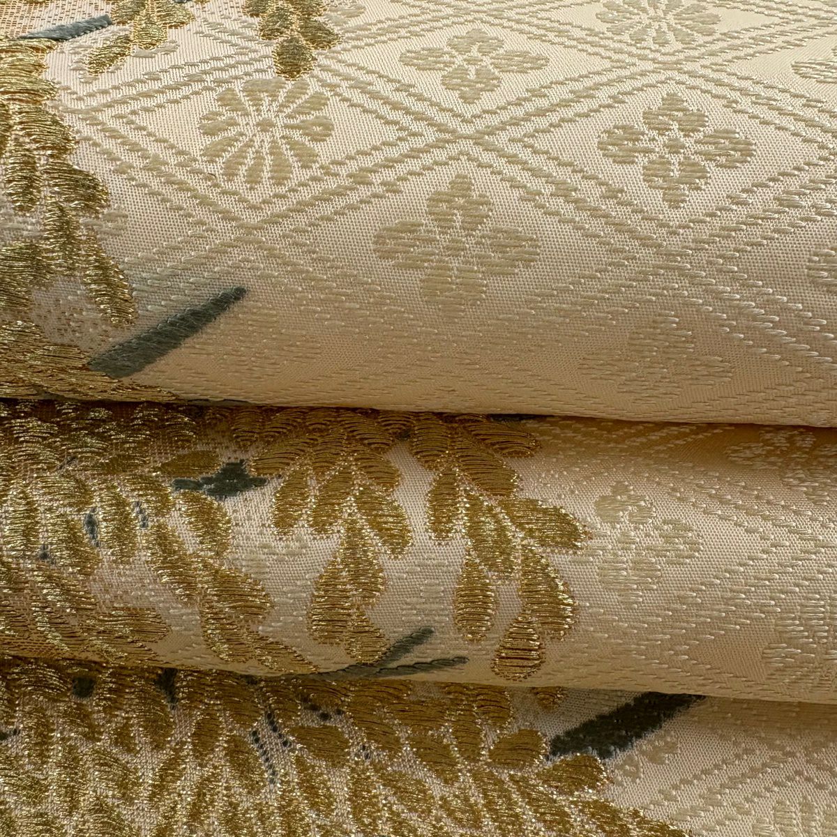 袋帶 逸品級 山口美術織物 有落款 菱地豐饒紋 稻穗 金絲 米色 六通 純蠶絲
