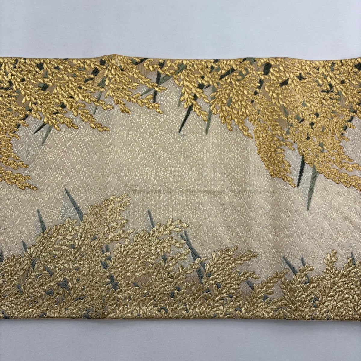 袋帶 逸品級 山口美術織物 有落款 菱地豐饒紋 稻穗 金絲 米色 六通 純蠶絲