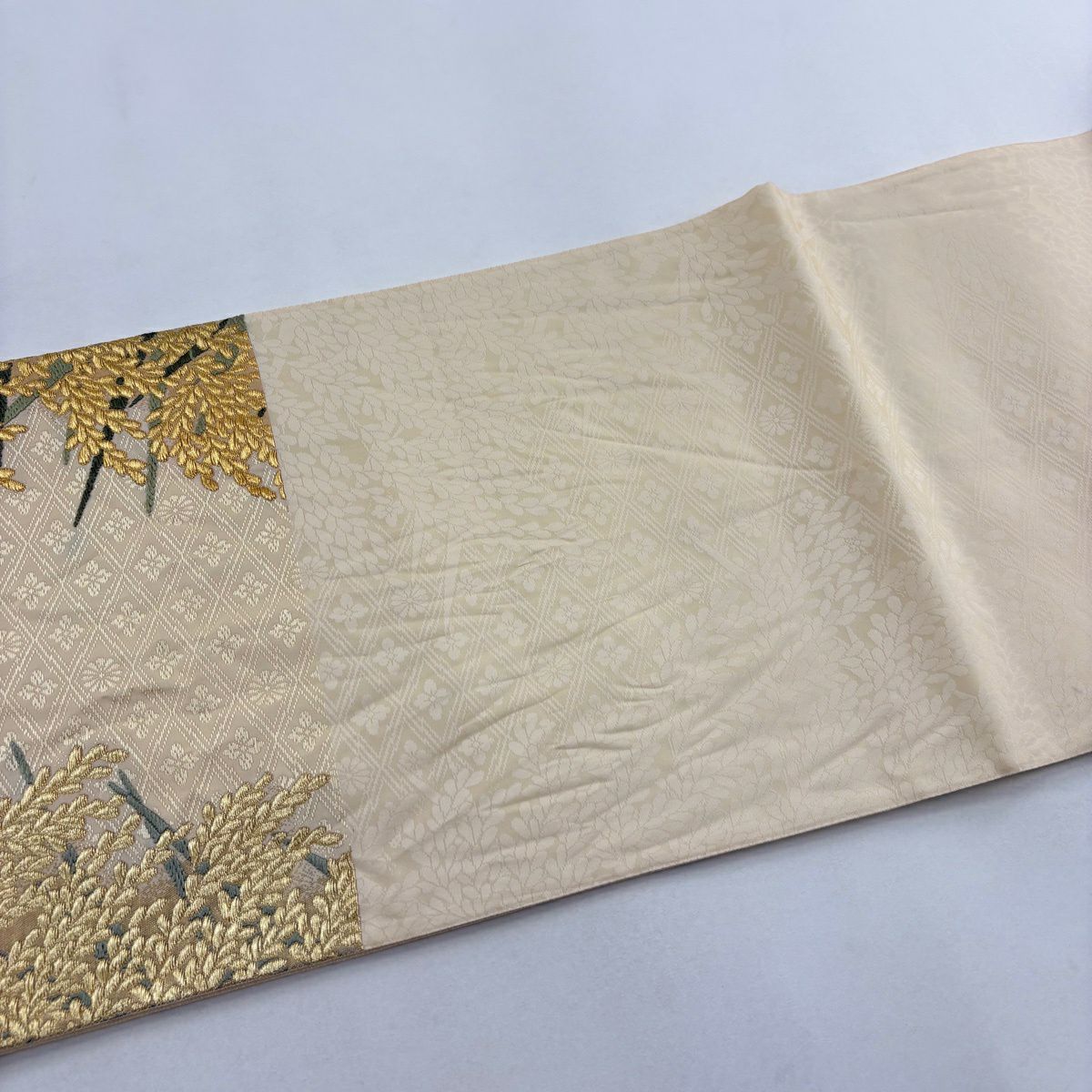 袋帶 逸品級 山口美術織物 有落款 菱地豐饒紋 稻穗 金絲 米色 六通 純蠶絲