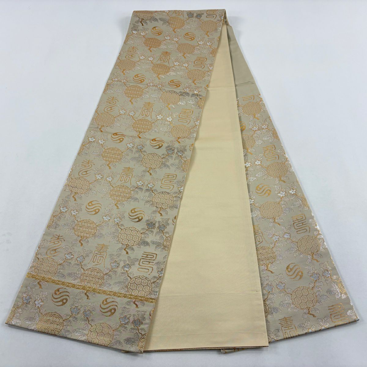 【美品】 袋帶 逸品級 落款 竜匠錦 文字文 草花紋紋 金金箔 金絲 米色 六通 純蠶絲