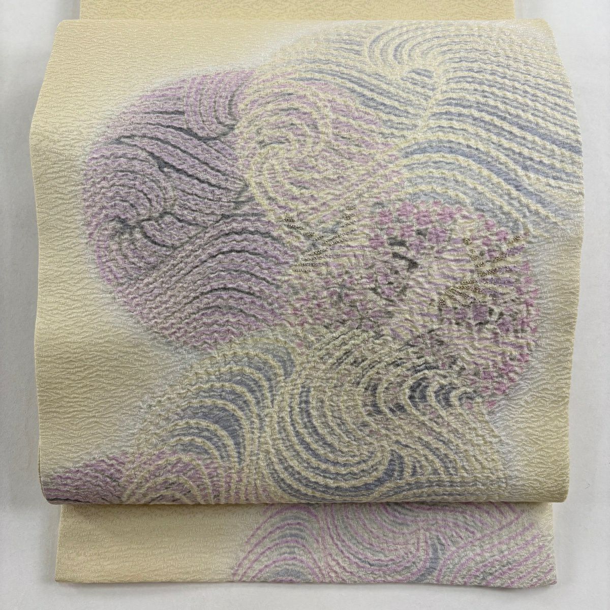 【美品】 袋帶 逸品級 滝泰 落款 波 幾何學 絞染 金銀彩 米色 大鼓圖案 純蠶絲