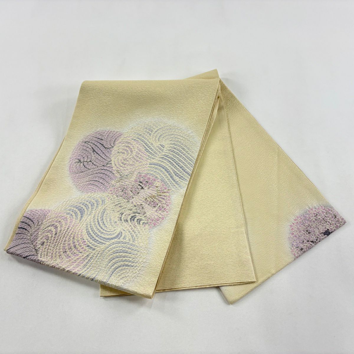 【美品】 袋帶 逸品級 滝泰 落款 波 幾何學 絞染 金銀彩 米色 大鼓圖案 純蠶絲