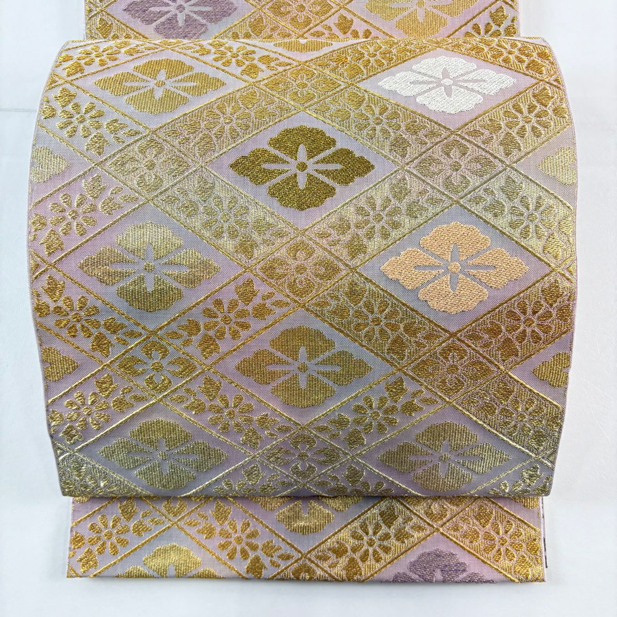 【美品】 袋帶 名品級 格子幸菱紋 金銀彩 薄紫 全通 純蠶絲