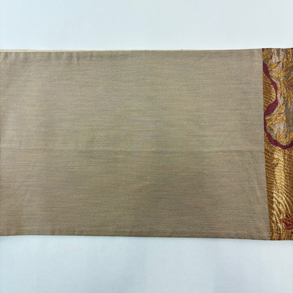 袋帶 名品級 じゅらく 落款あり 葉柄 道長取 金糸 金金箔 茶 六通 純蠶絲