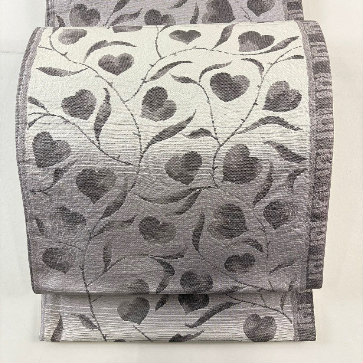 【美品】 袋帶 名品級 葉紋 段紋 灰紫 全通 純蠶絲