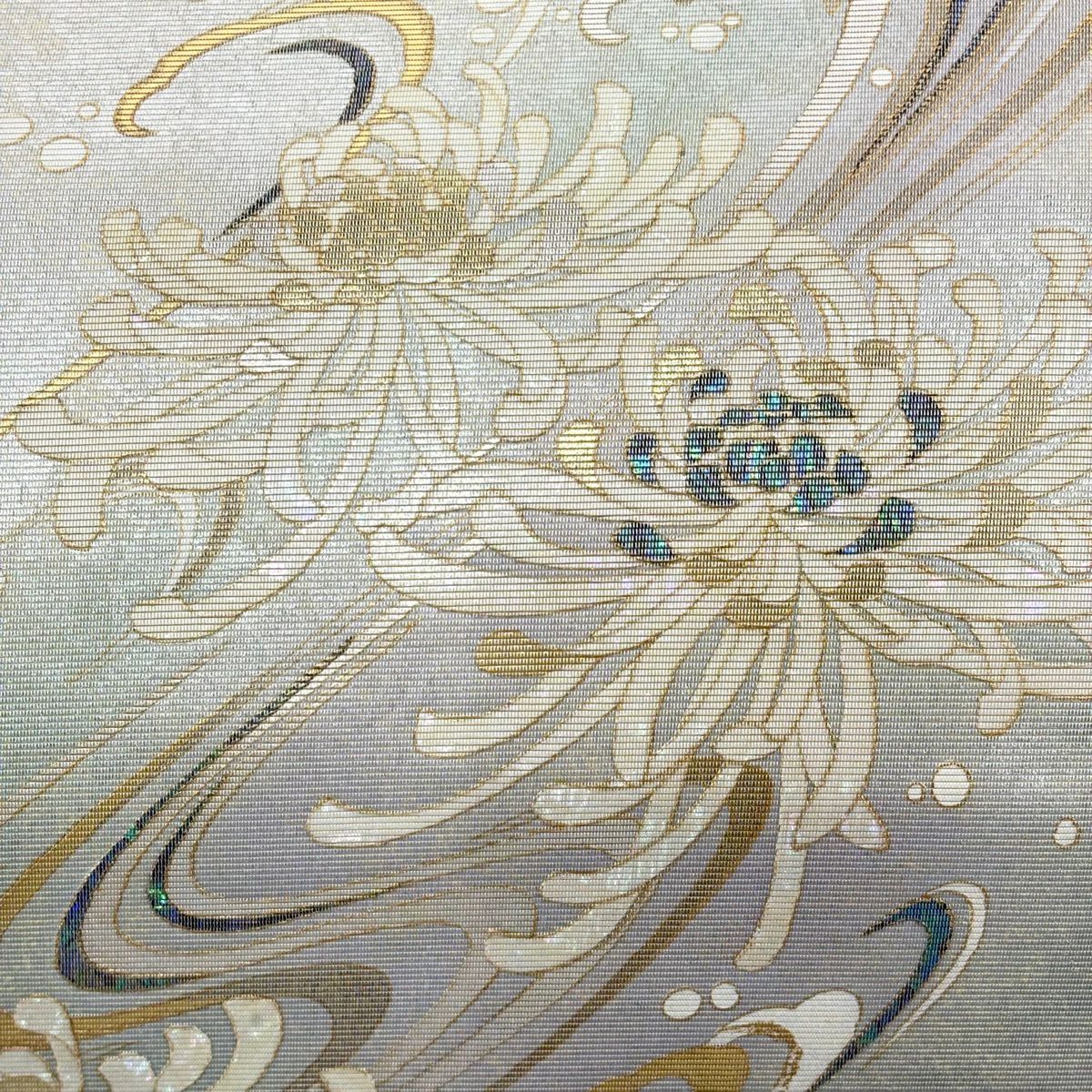 【美品】 袋帶 名品級 大和 菊花 流水 螺鈿金金箔 灰白 大鼓圖案 純蠶絲