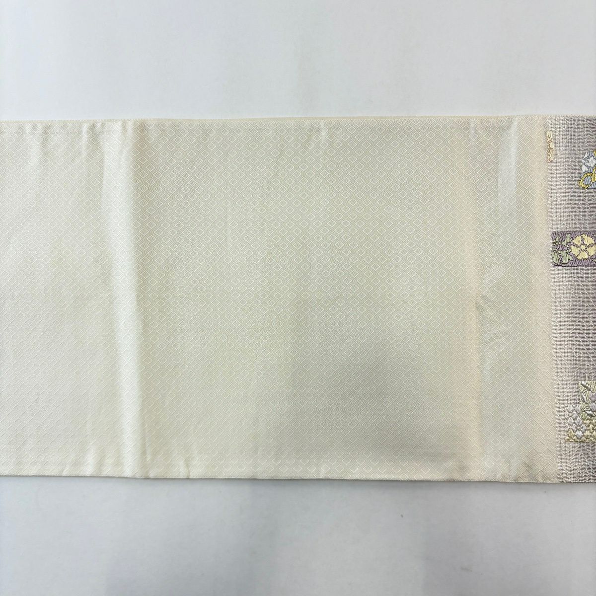 袋帶 名品級 短冊 草花紋刺繡 金銀彩 奶油 六通 純蠶絲