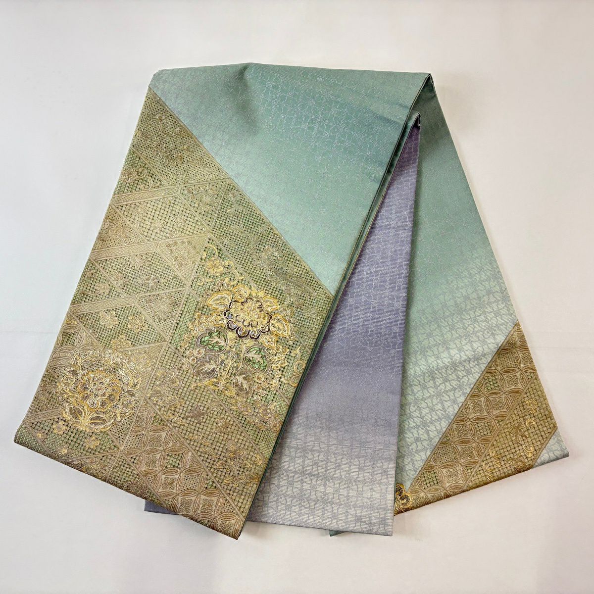 【美品】 袋帶 名品級 草花紋紋 七寶紋 螺鈿 刺繡 米色 大鼓圖案 純蠶絲