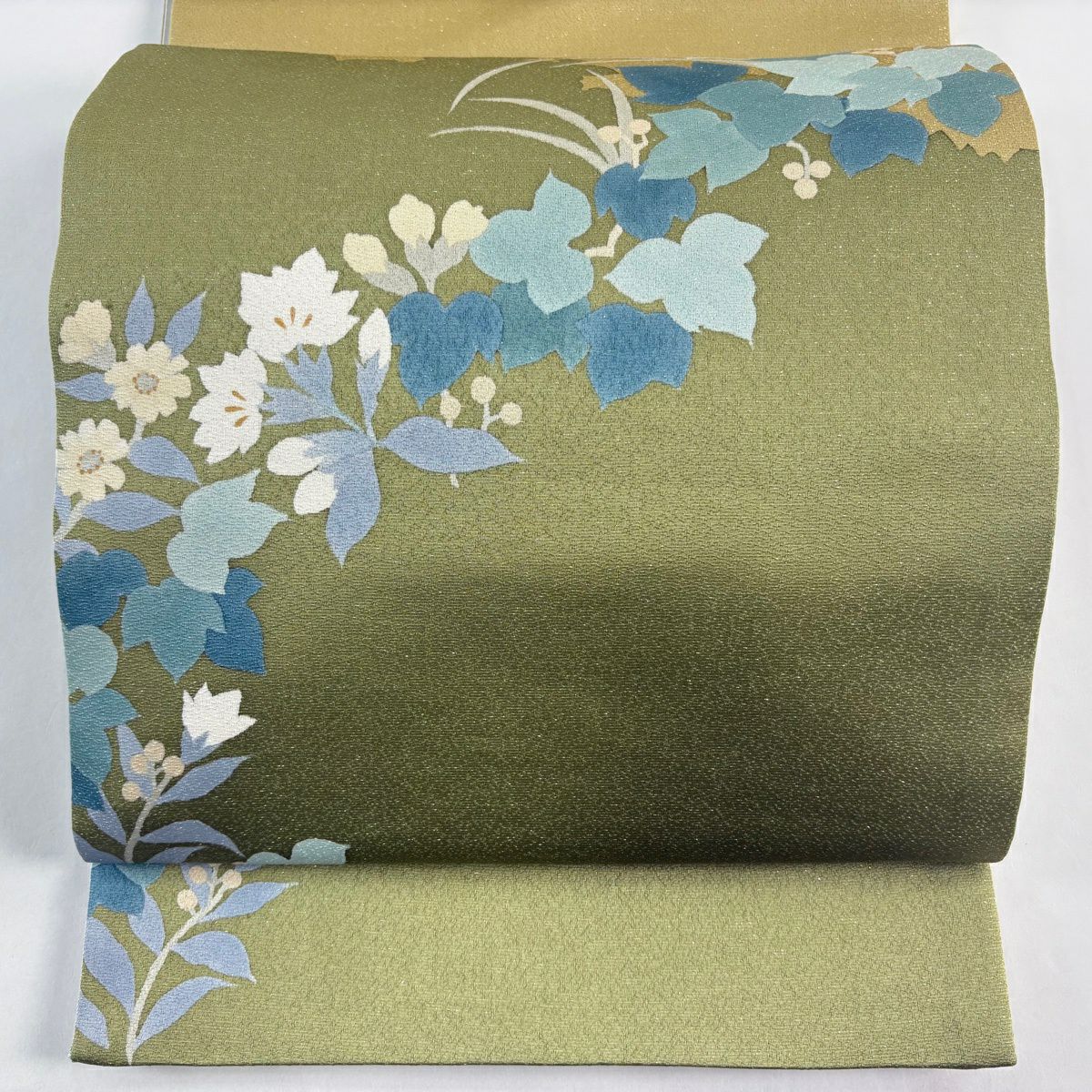 【美品】 袋帶 名品級 附落款 葉與實 枝花 金金箔 艾草色 大鼓圖案 純蠶絲