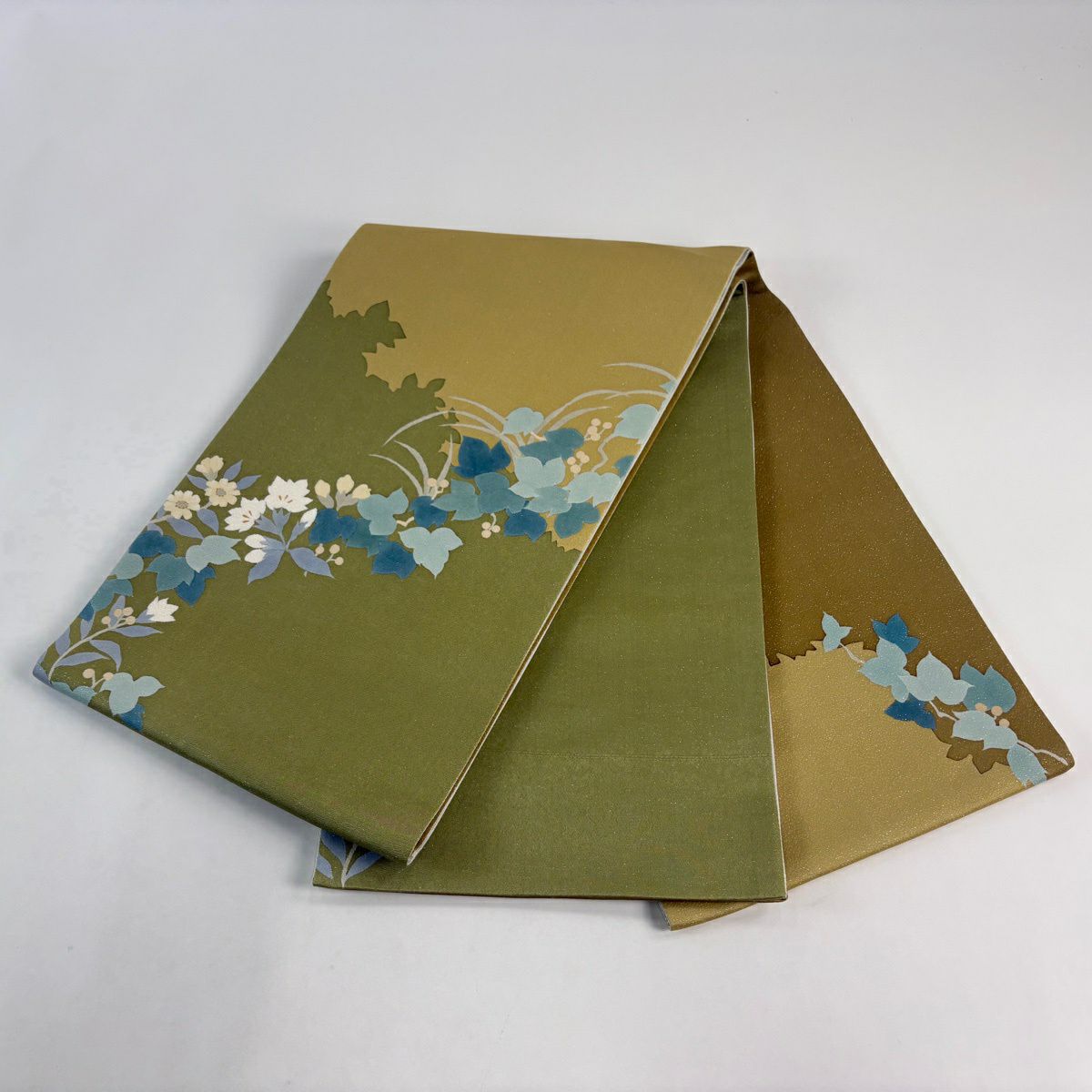 【美品】 袋帶 名品級 附落款 葉與實 枝花 金金箔 艾草色 大鼓圖案 純蠶絲