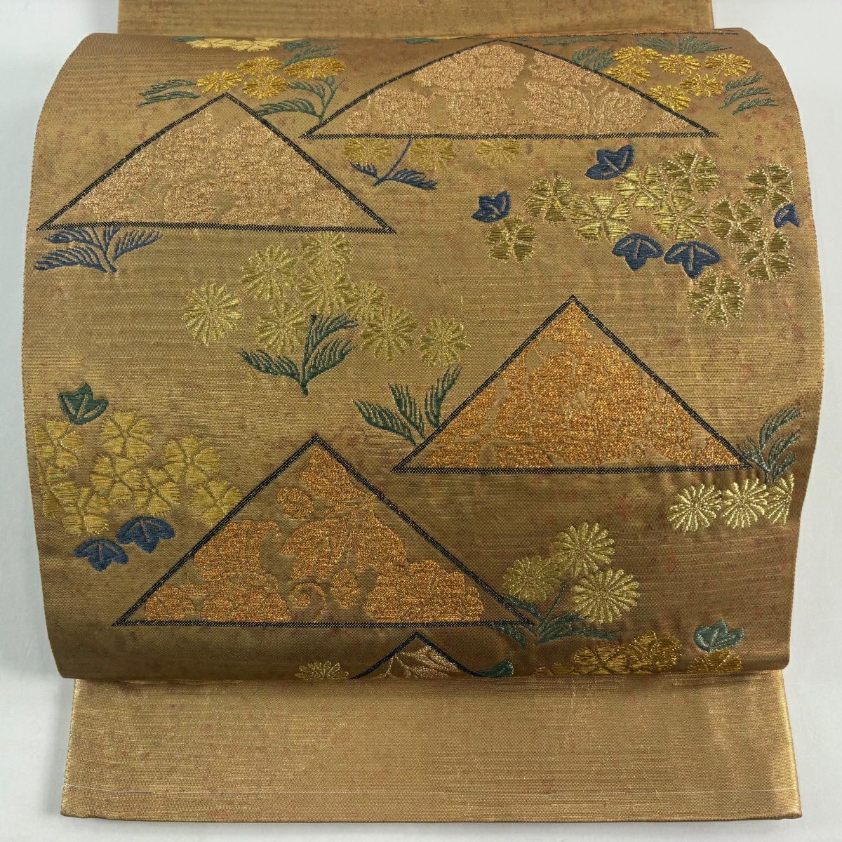 【美品】 袋帶 名品級 附落款 コシノヒロコ 菊花 幾何圖案 金絲 金金箔 金色 六通 純蠶絲