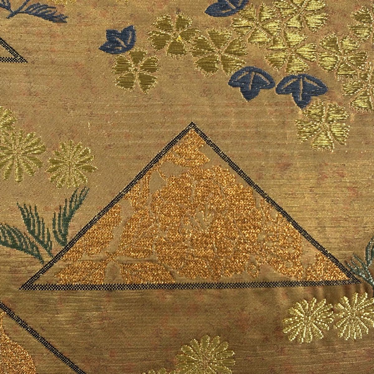 【美品】 袋帶 名品級 附落款 コシノヒロコ 菊花 幾何圖案 金絲 金金箔 金色 六通 純蠶絲