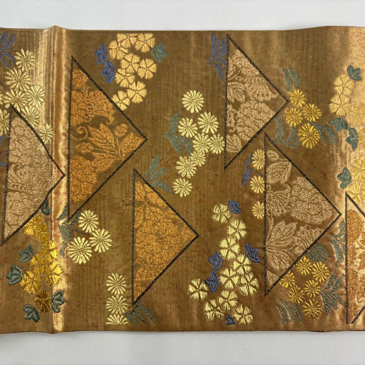 【美品】 袋帶 名品級 附落款 コシノヒロコ 菊花 幾何圖案 金絲 金金箔 金色 六通 純蠶絲