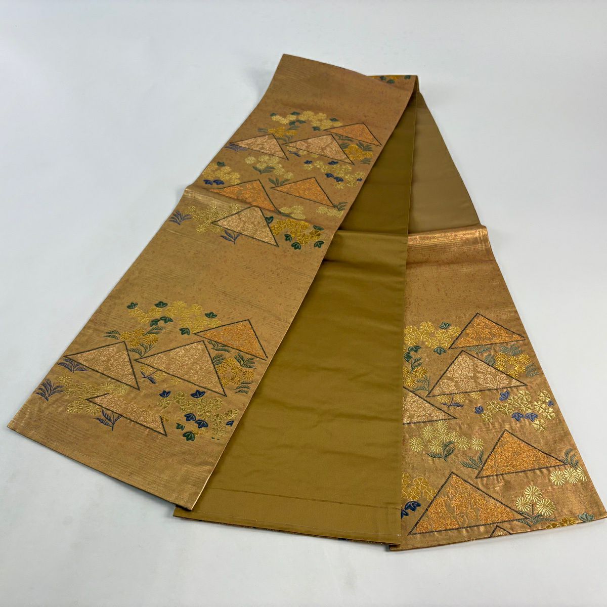【美品】 袋帶 名品級 附落款 コシノヒロコ 菊花 幾何圖案 金絲 金金箔 金色 六通 純蠶絲