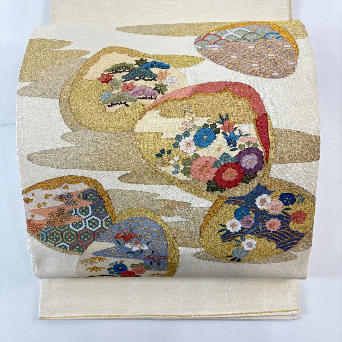 袋帶 名品級 貝合草花紋 金絲 奶油色 大鼓紋 純蠶絲
