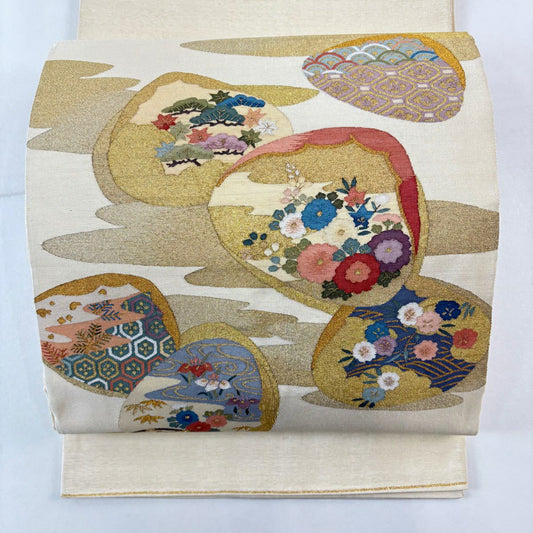袋帶 名品級 貝合草花紋 金絲 奶油色 大鼓紋 純蠶絲
