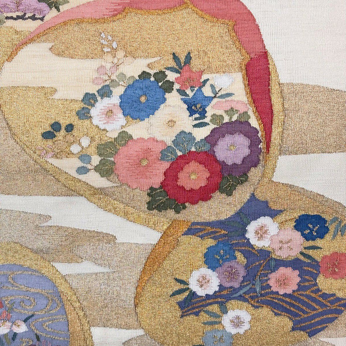 袋帶 名品級 貝合草花紋 金絲 奶油色 大鼓紋 純蠶絲