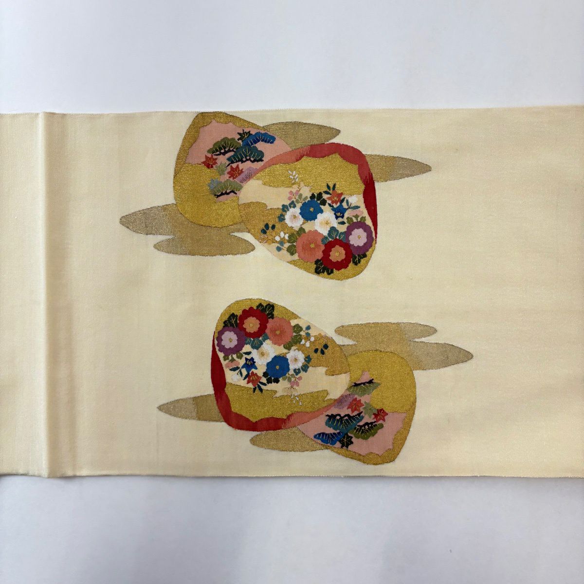 袋帶 名品級 貝合草花紋 金絲 奶油色 大鼓紋 純蠶絲