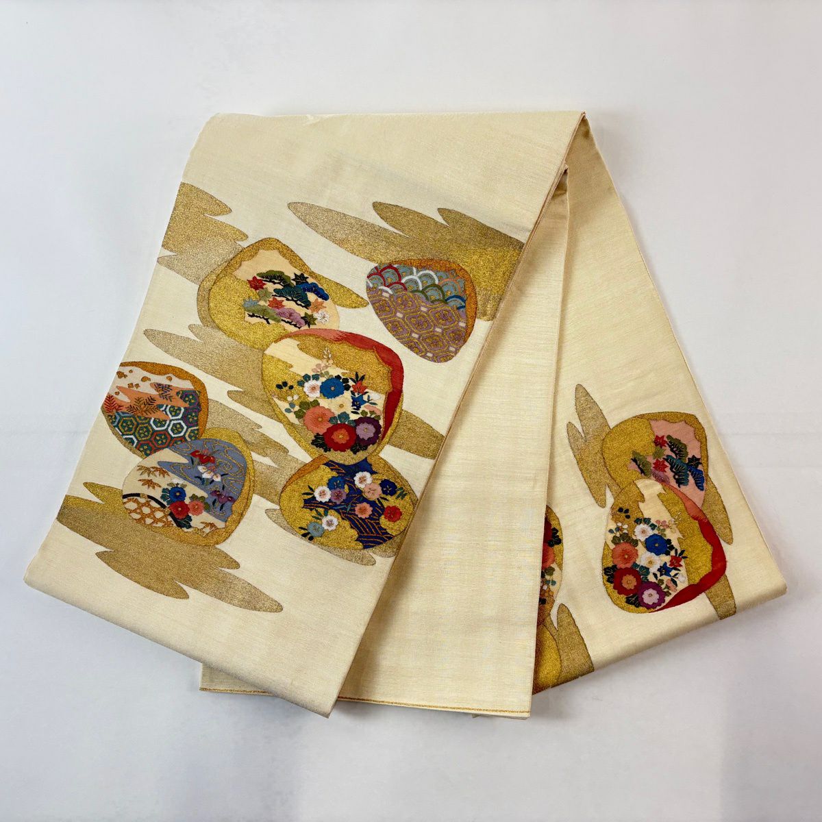 袋帶 名品級 貝合草花紋 金絲 奶油色 大鼓紋 純蠶絲