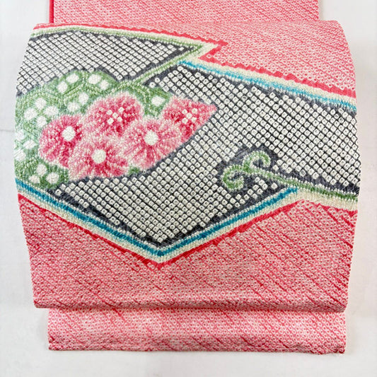 【美品】 開口名古屋帶 名品級 菊花花 幾何圖案 絞染 粉紅 純蠶絲