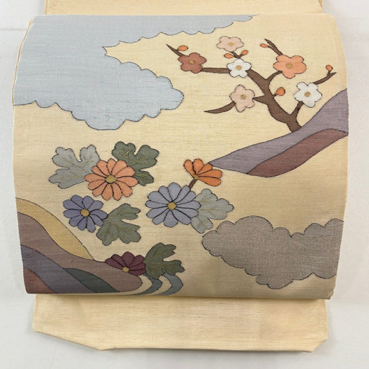 袋帶 名品級 菊花 雲文 金絲 淺橙色 大鼓圖案 純蠶絲