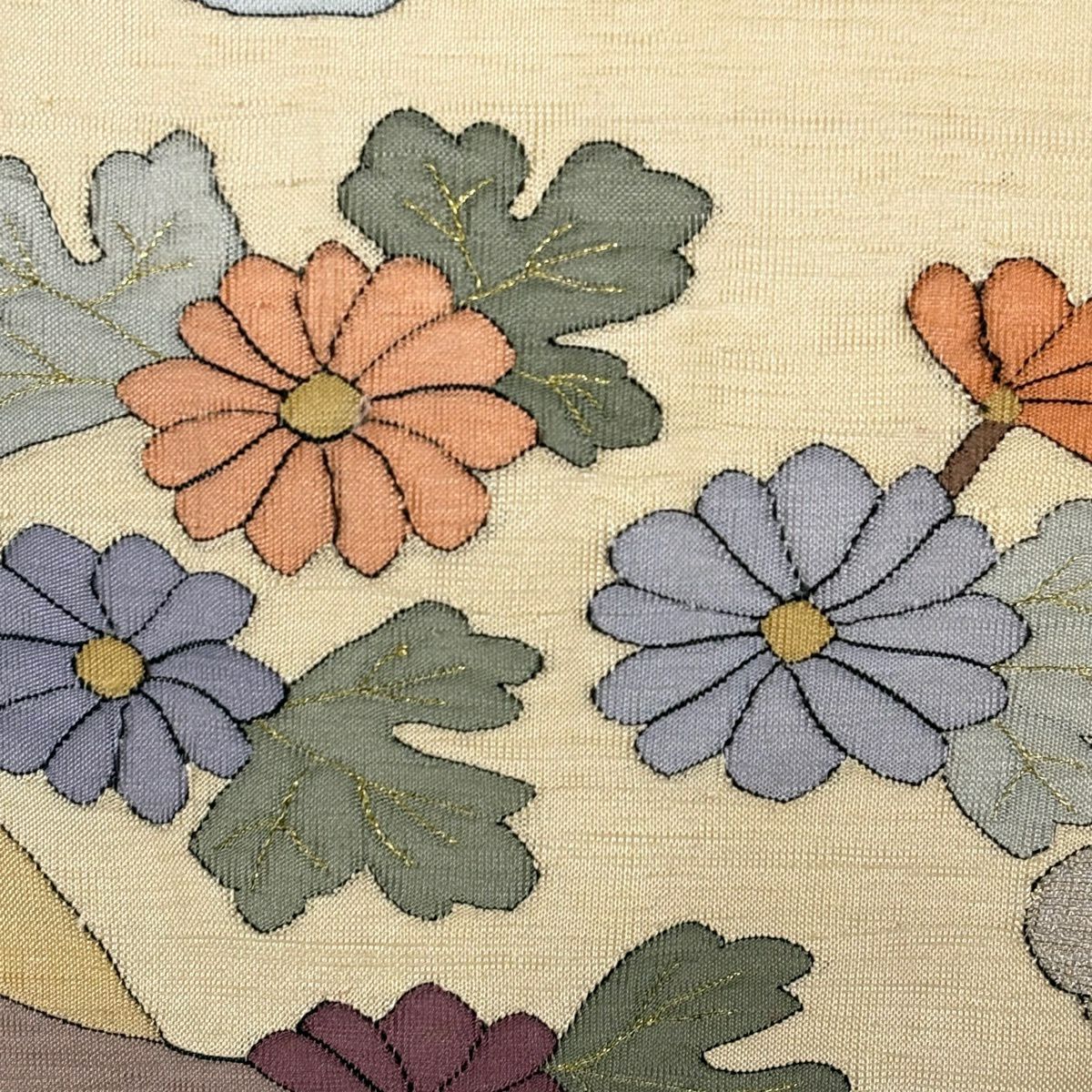 袋帶 名品級 菊花 雲文 金絲 淺橙色 大鼓圖案 純蠶絲