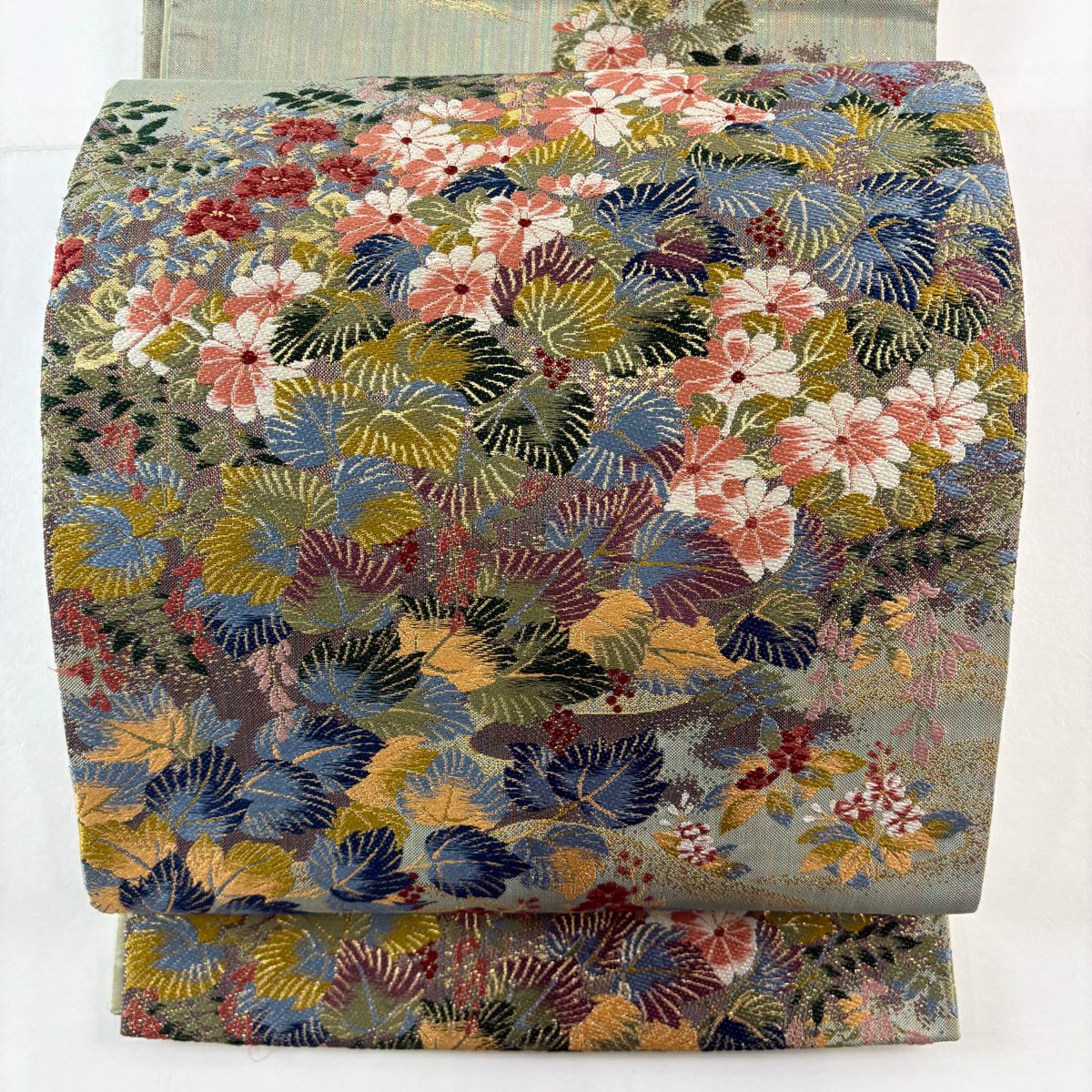 【美品】 袋帶 名品級 草花紋紋 金金箔 淺綠 六通 純蠶絲