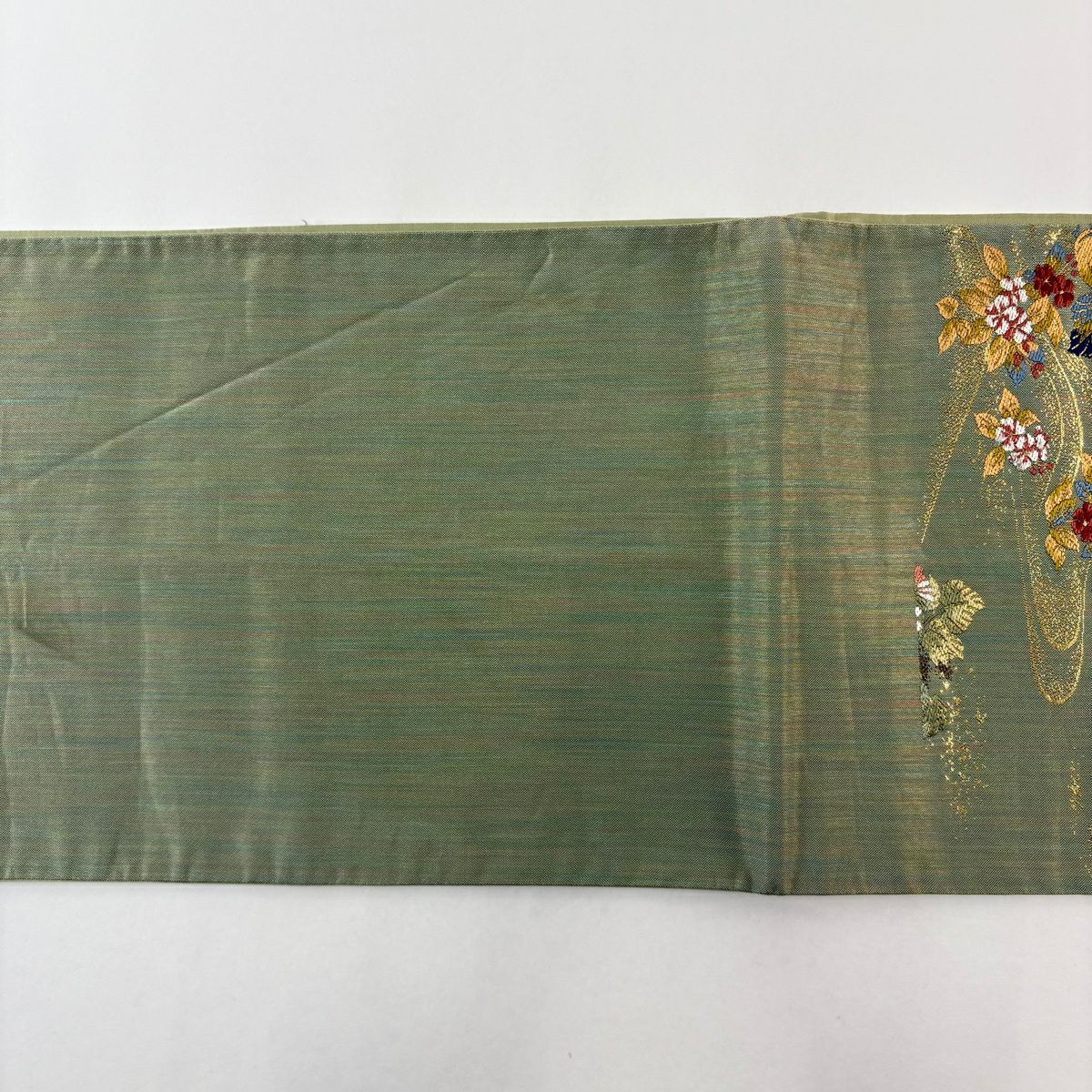 【美品】 袋帶 名品級 草花紋紋 金金箔 淺綠 六通 純蠶絲
