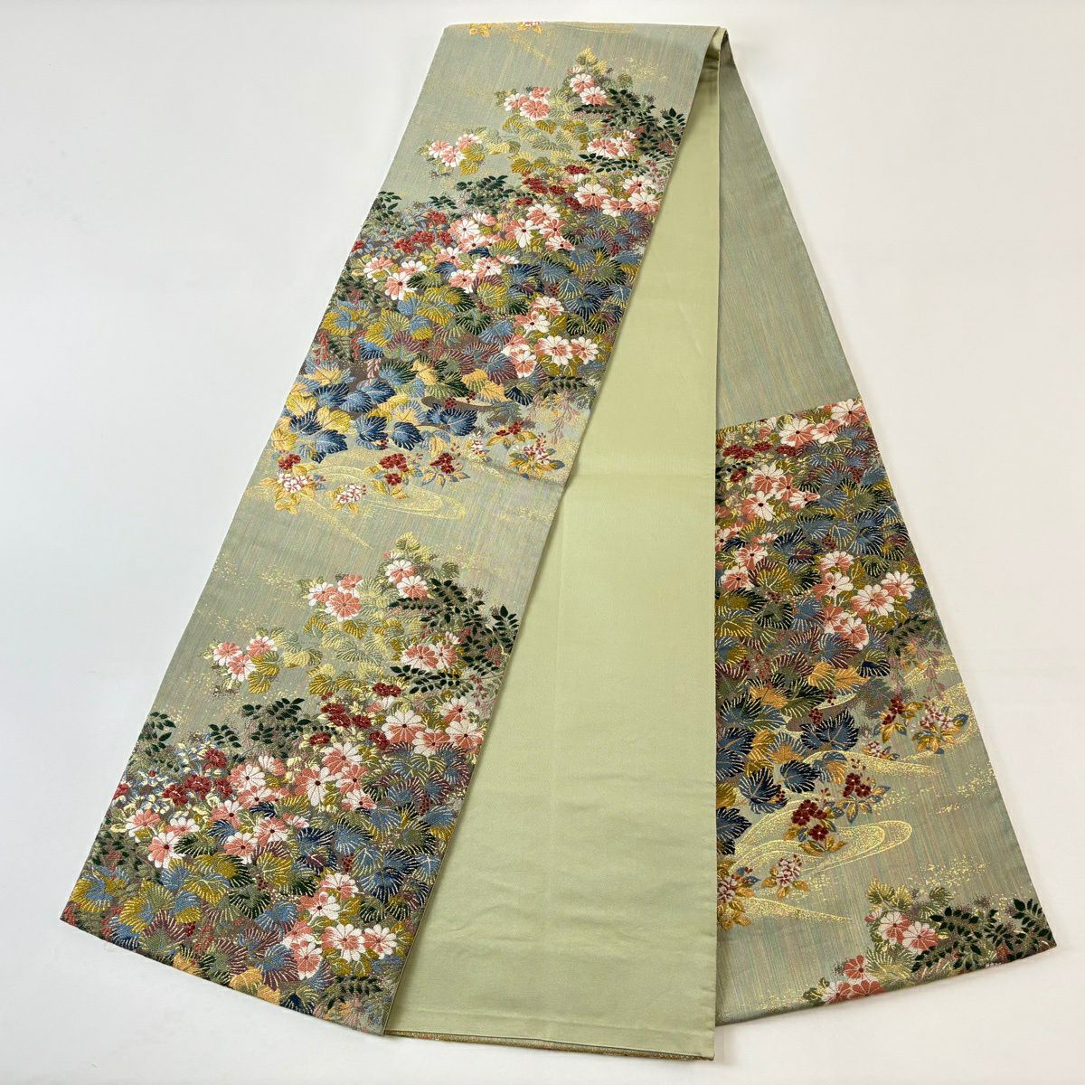 【美品】 袋帶 名品級 草花紋紋 金金箔 淺綠 六通 純蠶絲