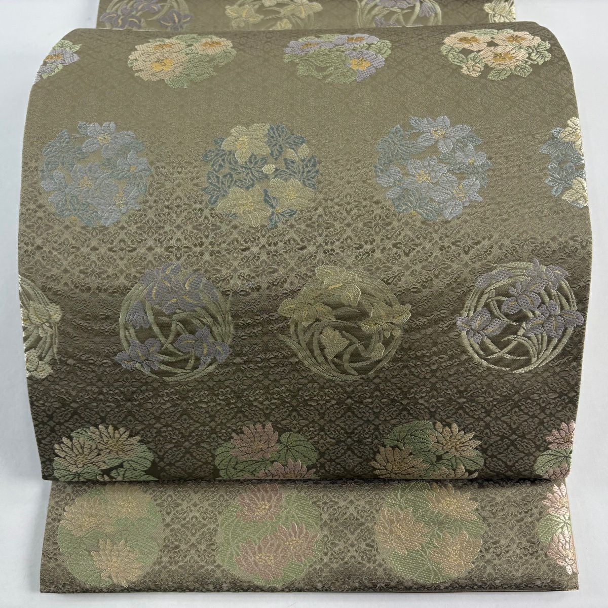 【美品】 袋帶 名品級 金金箔屋清兵衛 落款 花丸紋 地紋 金金箔 鶯色 六通 純蠶絲