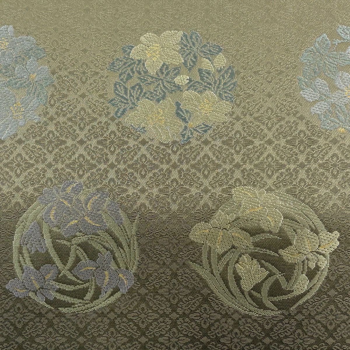 【美品】 袋帶 名品級 金金箔屋清兵衛 落款 花丸紋 地紋 金金箔 鶯色 六通 純蠶絲