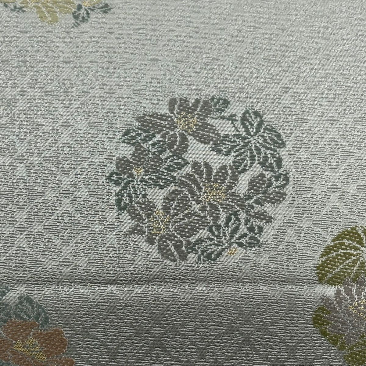 袋帶 名品級 金金箔屋清兵衛 落款 花丸紋 地紋 金金箔 草木染 灰色 大鼓紋 純蠶絲