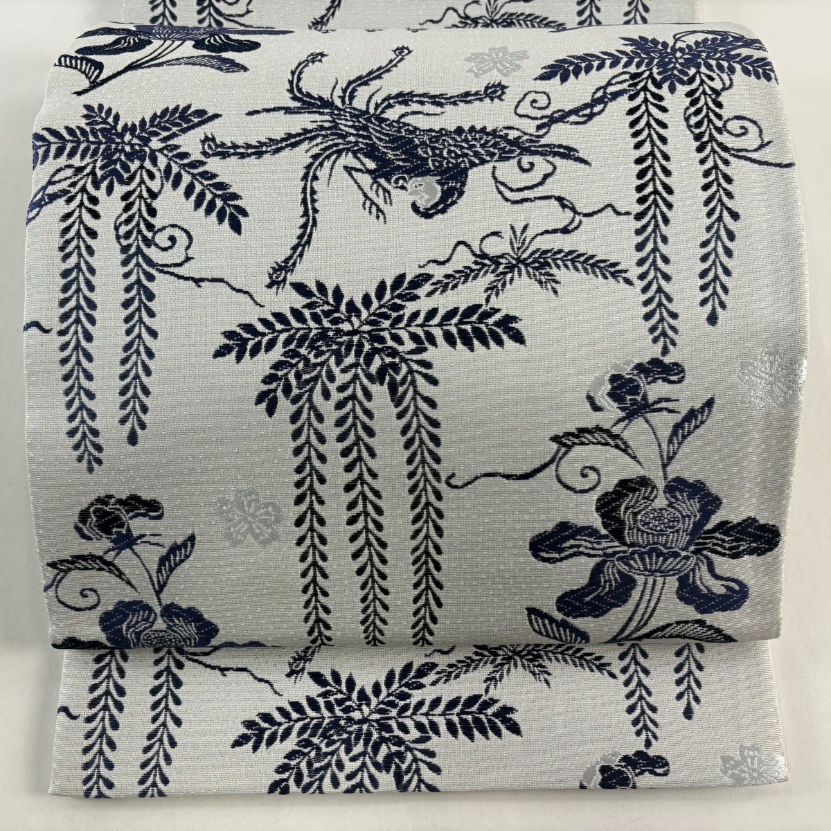 【美品】 袋帶 名品級 草花紋 鳥 灰 深藍 六通 純蠶絲