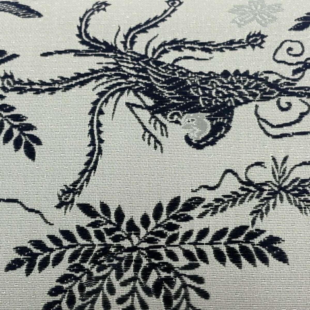 【美品】 袋帶 名品級 草花紋 鳥 灰 深藍 六通 純蠶絲