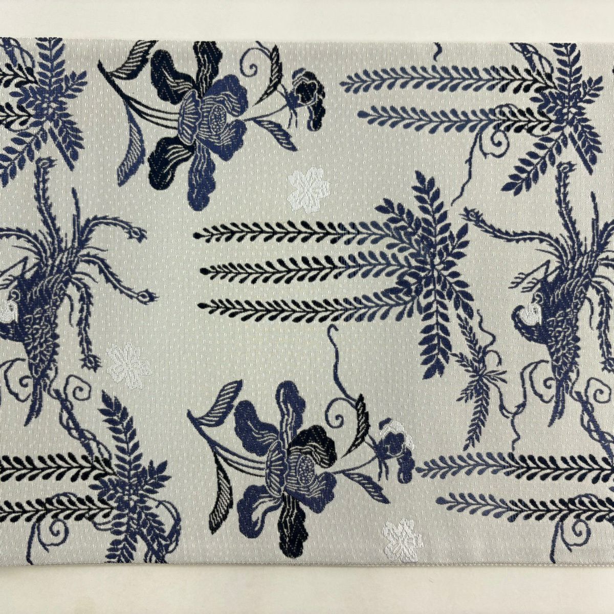 【美品】 袋帶 名品級 草花紋 鳥 灰 深藍 六通 純蠶絲