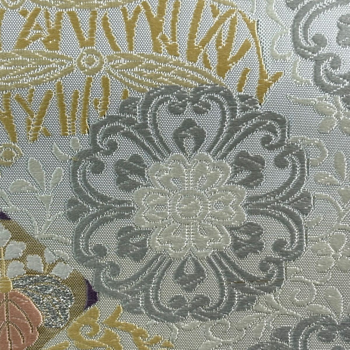 【美品】 袋帶 名品級 華紋 龜甲 金金箔 唐織 青灰 六通 純蠶絲