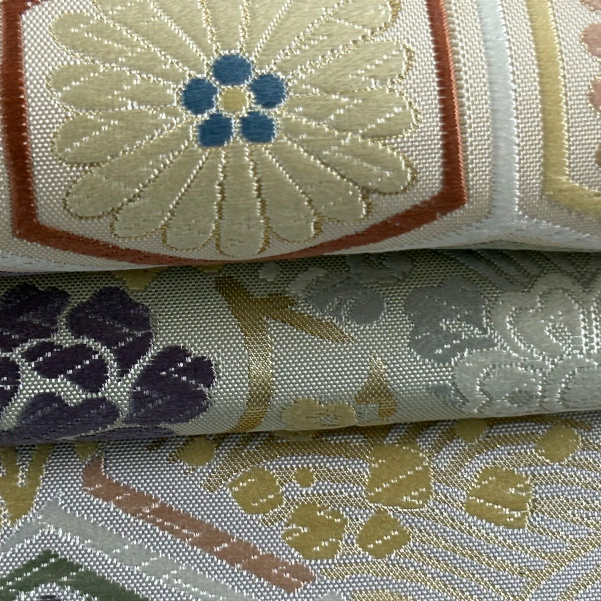 【美品】 袋帶 名品級 華紋 龜甲 金金箔 唐織 青灰 六通 純蠶絲